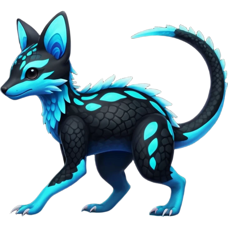 Rare realistic black-scaled neon-glowing bioluminescent edgy badass epic pretty beautiful handsome gorgeous aesthetic colorful vibrant Vernid-Trico-species-Fakemon-creature by LiLaiRa, 4 legs, 1 tail, random markings, (full body) emoji