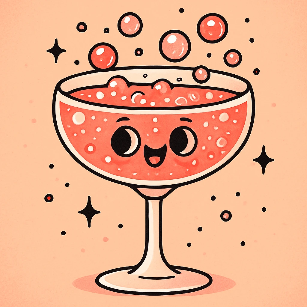 rose champagne in a couple glass, playful, cartoon style, bubbly and fun emoji