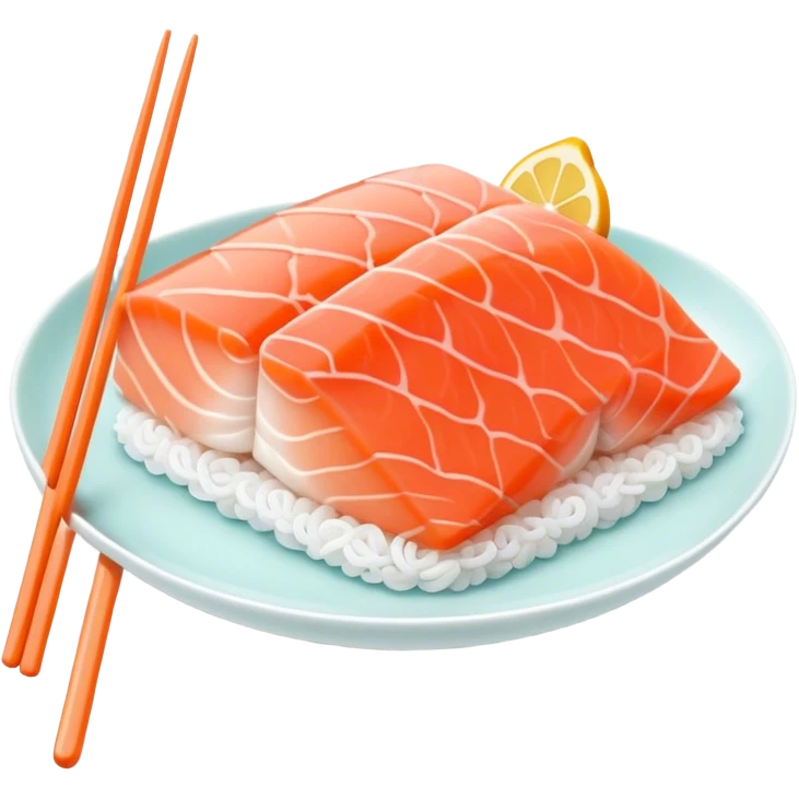 Cute Kawaii Sashimi Slice, delicate and fresh, bright orange salmon with soft pastel textures, an adorable happy face, tiny chopsticks lifting it, gentle glowing highlights! emoji