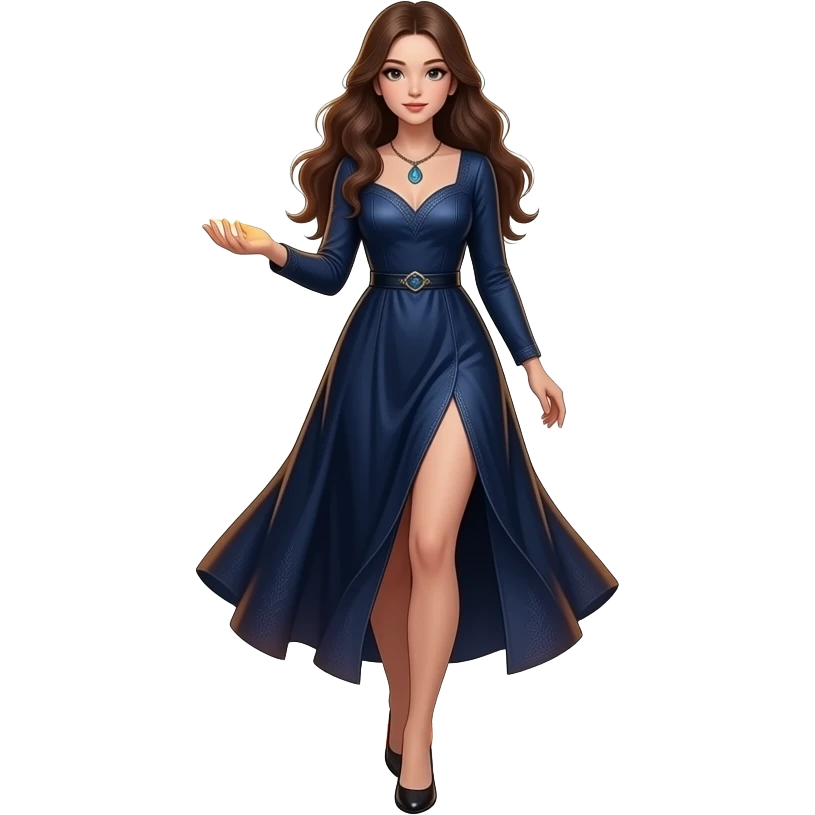 cinematic realistic - an elegant mystical girl in a long dark blue dress carries a small flaming globe in her hand and walks through a flaming ring emoji