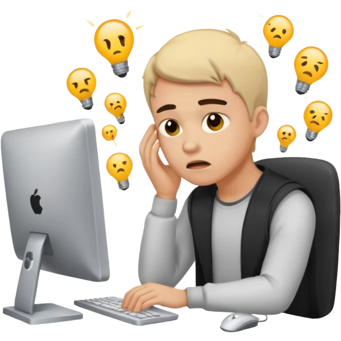 young programmer working at the computer, frustrated emoji