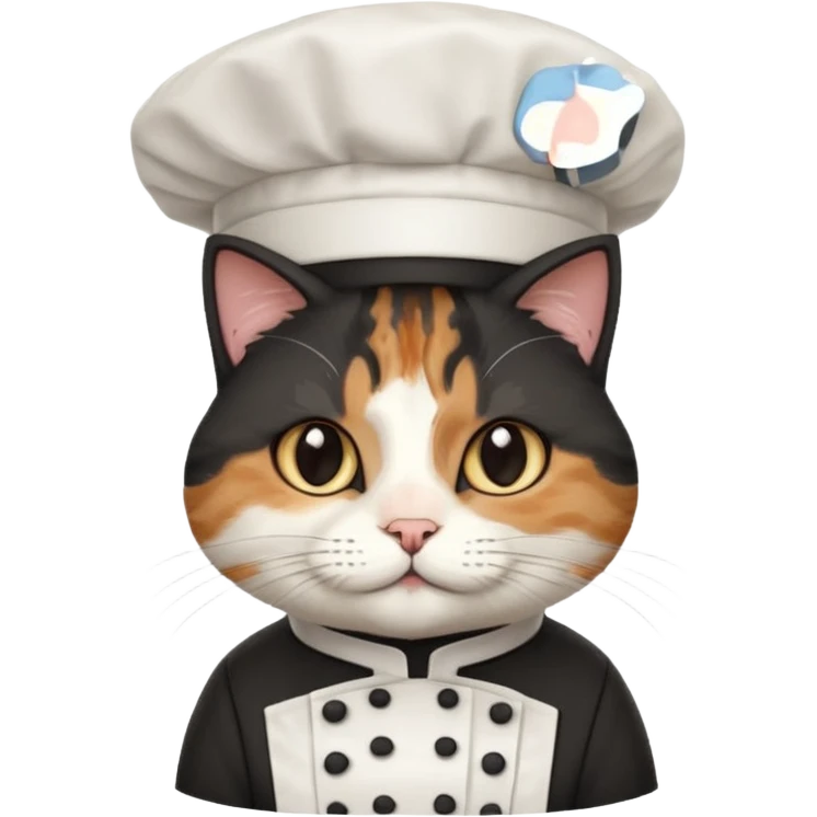 fluffy black chef cat wearing a tall white chef hat emoji