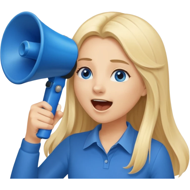  blue eyes blonde girl yelling into megaphone smiling long hair emoji