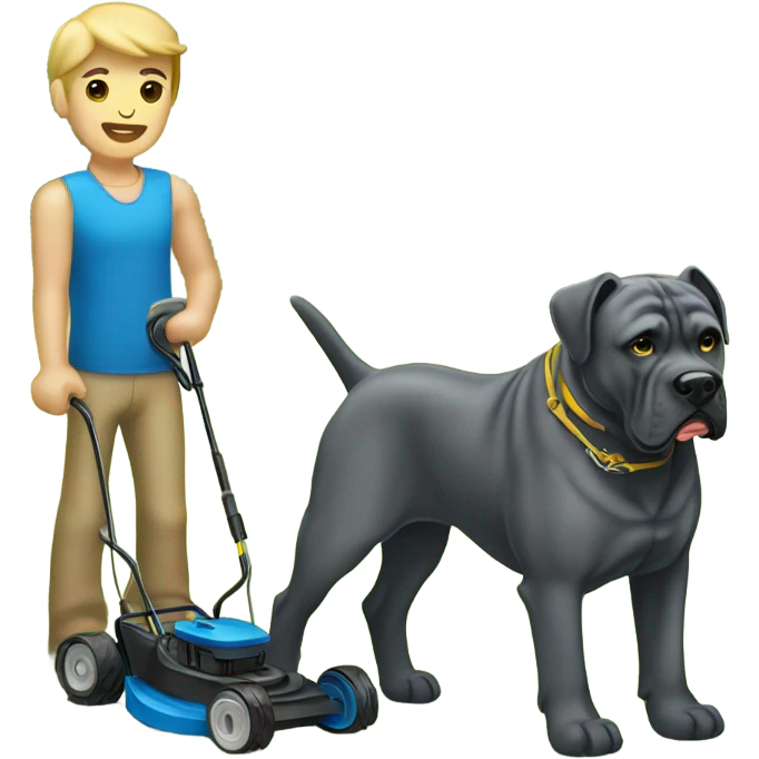 A Gold and Blue Cane Corso mowing the lawn. emoji