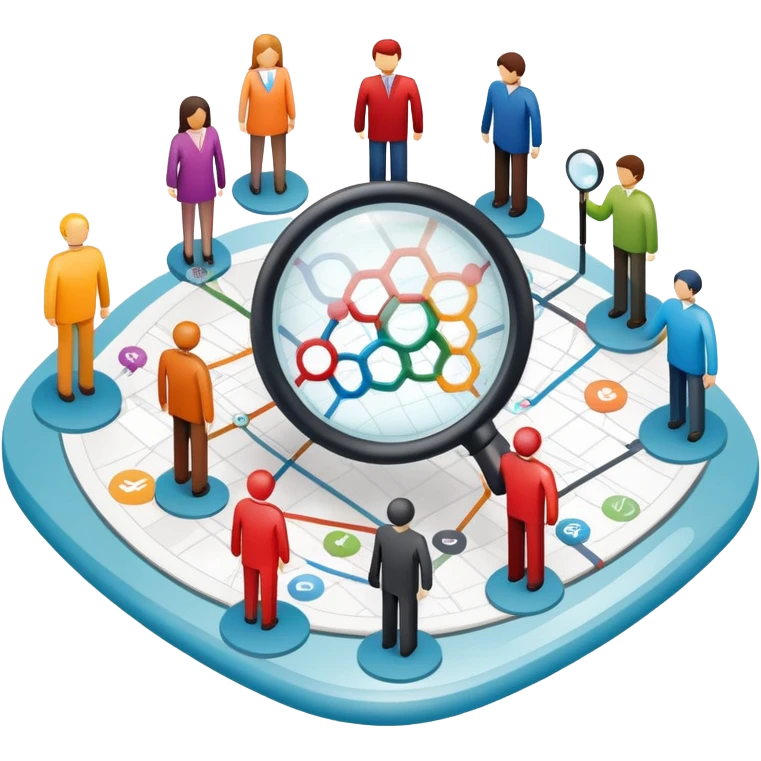 An icon featuring a group of diverse people, a social network diagram, and a magnifying glass, symbolizing sociology. The design includes charts and interconnected lines, representing the study of societies, relationships, and social behavior. Transparent background highlights social analysis. emoji