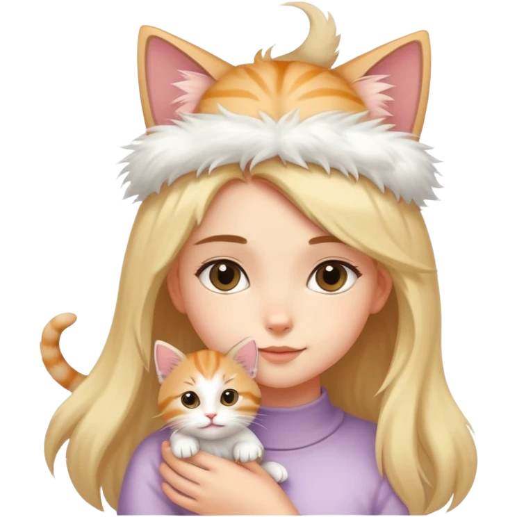 There's a fluffy kitten on a girl's head, its tail wagging gently. emoji