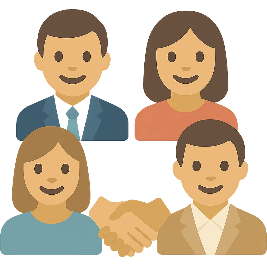 a team of people in suits and business casual, smiling and collaborating, flat color icon style emoji