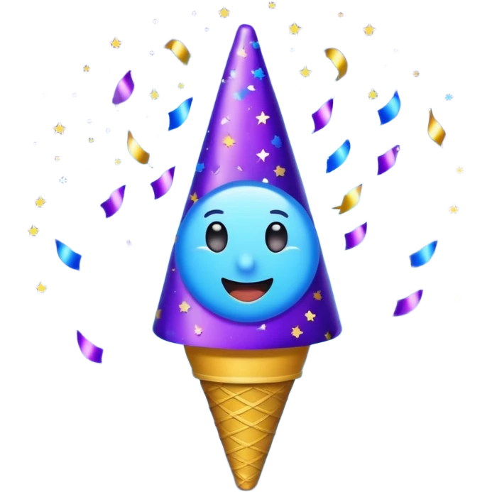 Emoji with glowing cone-shaped confetti popper, purple and blue colors emitting confetti and glitter, creating a bright festive atmosphere emoji