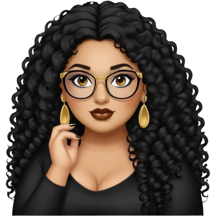 big plus size, latina, darker tan skin, long black curly hair, baddie,pretty, makeup, lipgloss, black eyeliner, long hair, SMALL gold earrings, black top, black glasses emoji