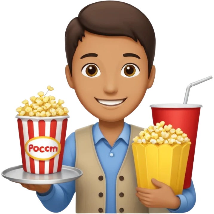 A smiling vendor carrying a tray of popcorn and drinks. emoji