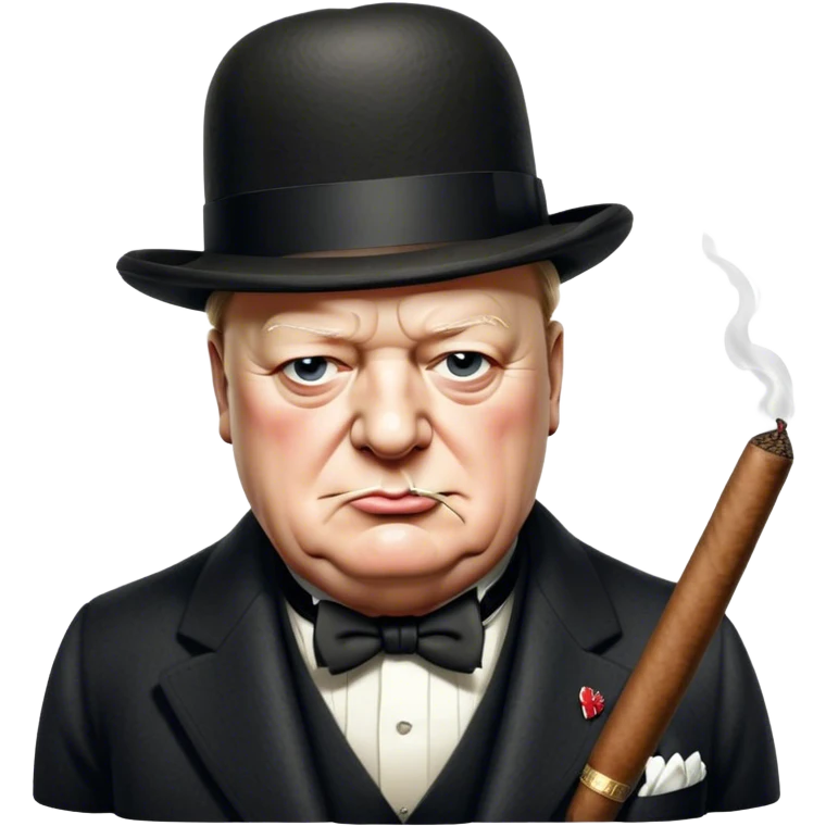 Cinematic Realistic Winston Churchill Portrait Emoji, depicted as a resolute British statesman with a signature bowler hat and a cigar, exuding determined leadership and wartime valor, rendered with lifelike textures and dramatic vintage lighting that captures his iconic British spirit. emoji
