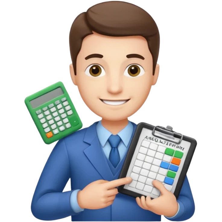 emoji, of a male AUDITOR smiling with Finance spreadsheet , a calculator,plus ADD A puzzle and a Balance for accounting. emoji