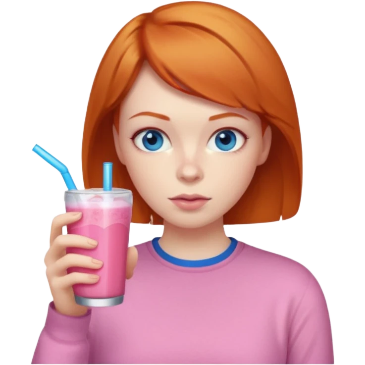 ginger woman short hair, pink shirt, sipping energy drink blue eyes cosy  emoji