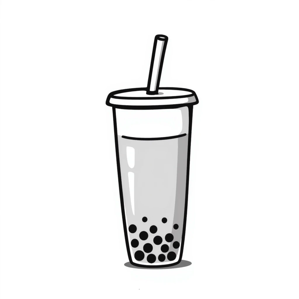 hand-drawn doodle of a boba tea cup with straw and pearls emoji