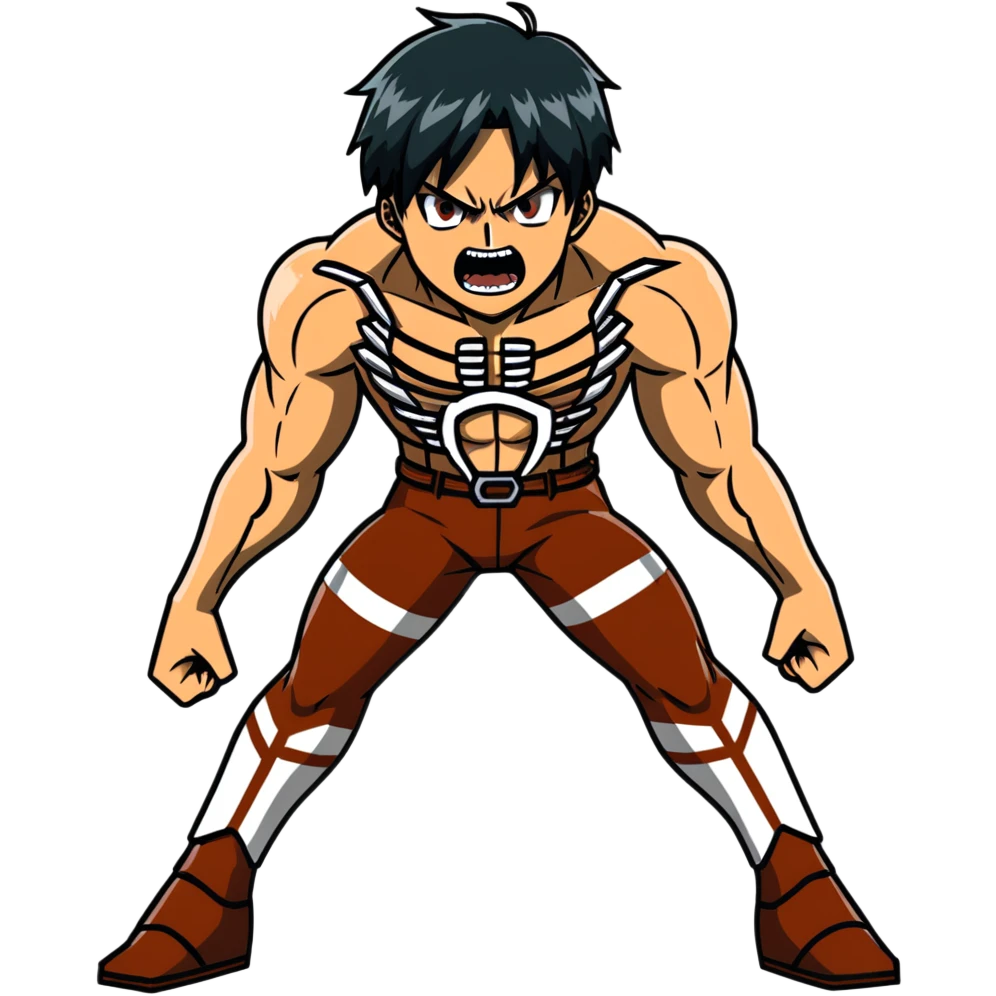 Eren's Attack Titan form, aggressive pose, muscular body with long dark hair emoji