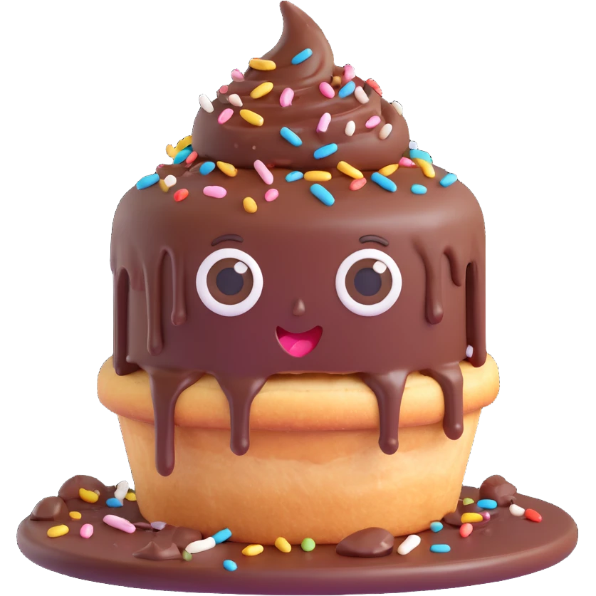 Rectangular chocolate mini pastry, messy chocolate dripping, sprinkles flying, surprised eyes, open mouth, text above: "ПАСТИЧКА", chibi style, Twitch emoji style, transparent background, colorful
 emoji