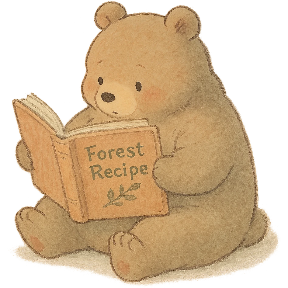 chubby bear reading a forest recipe book, muted warm tones, soft pastel Ghibli style emoji