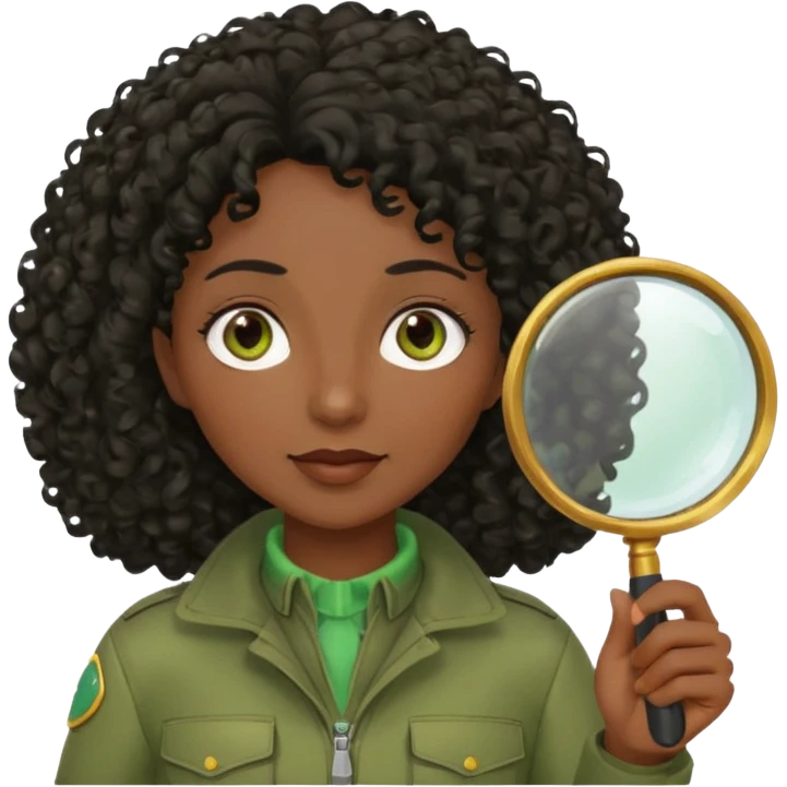 dark skin curly black haired middle-aged woman in moss green explorer outfit, holding magnifying glass emoji