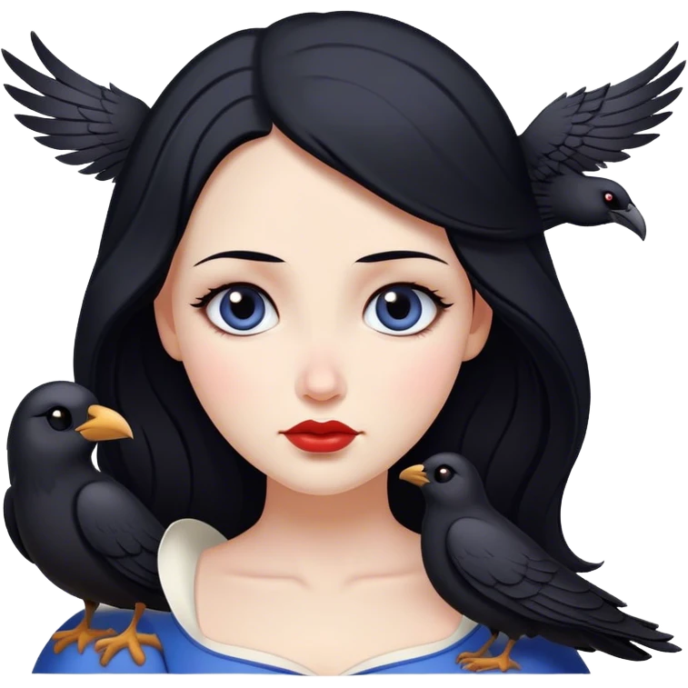 Cinematic Serene Snow White Portrait Emoji, rendered in a simplified vector style. Depict a gentle Snow White (chest and above) with flawless porcelain skin and flowing raven hair, her kind eyes and calm expression exuding a quiet, enchanting charm. The image glows softly with an inviting, pure light and is outlined with a subtle glow. emoji