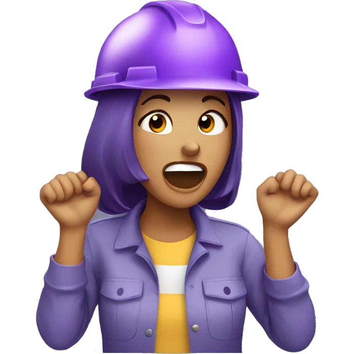 girl with purple hard hat shouting with the hands on the mouth emoji
