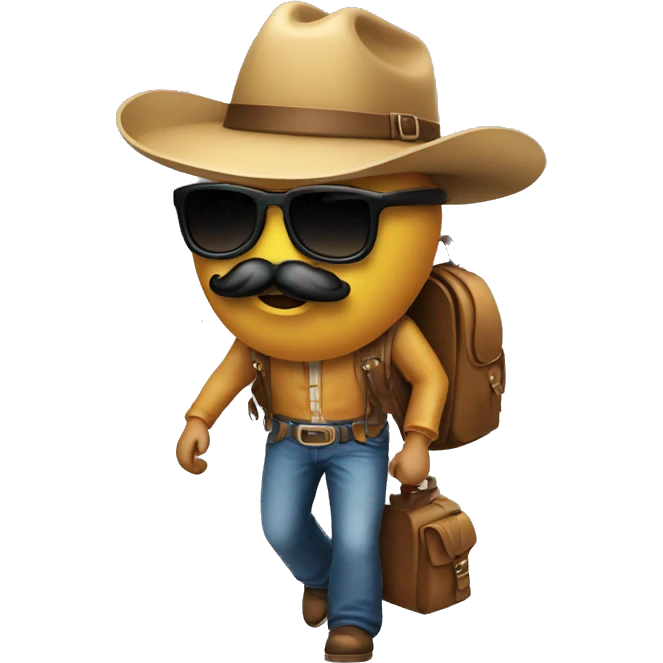  man with mustache &cowboy hat and sunglasses with a bagpack walking away emoji