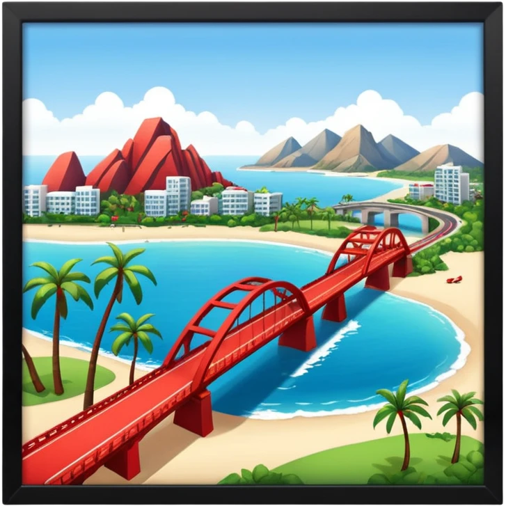 advanced modern island with advanced infrastructure, parks, contemporary architecture, beaches with palm trees, and with a red bridge on one side emoji