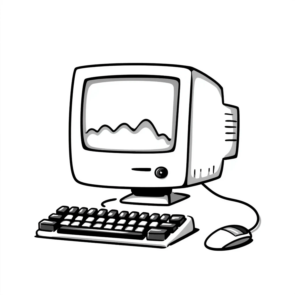 Pixel art style old Macintosh computer, simple monochrome linework emoji