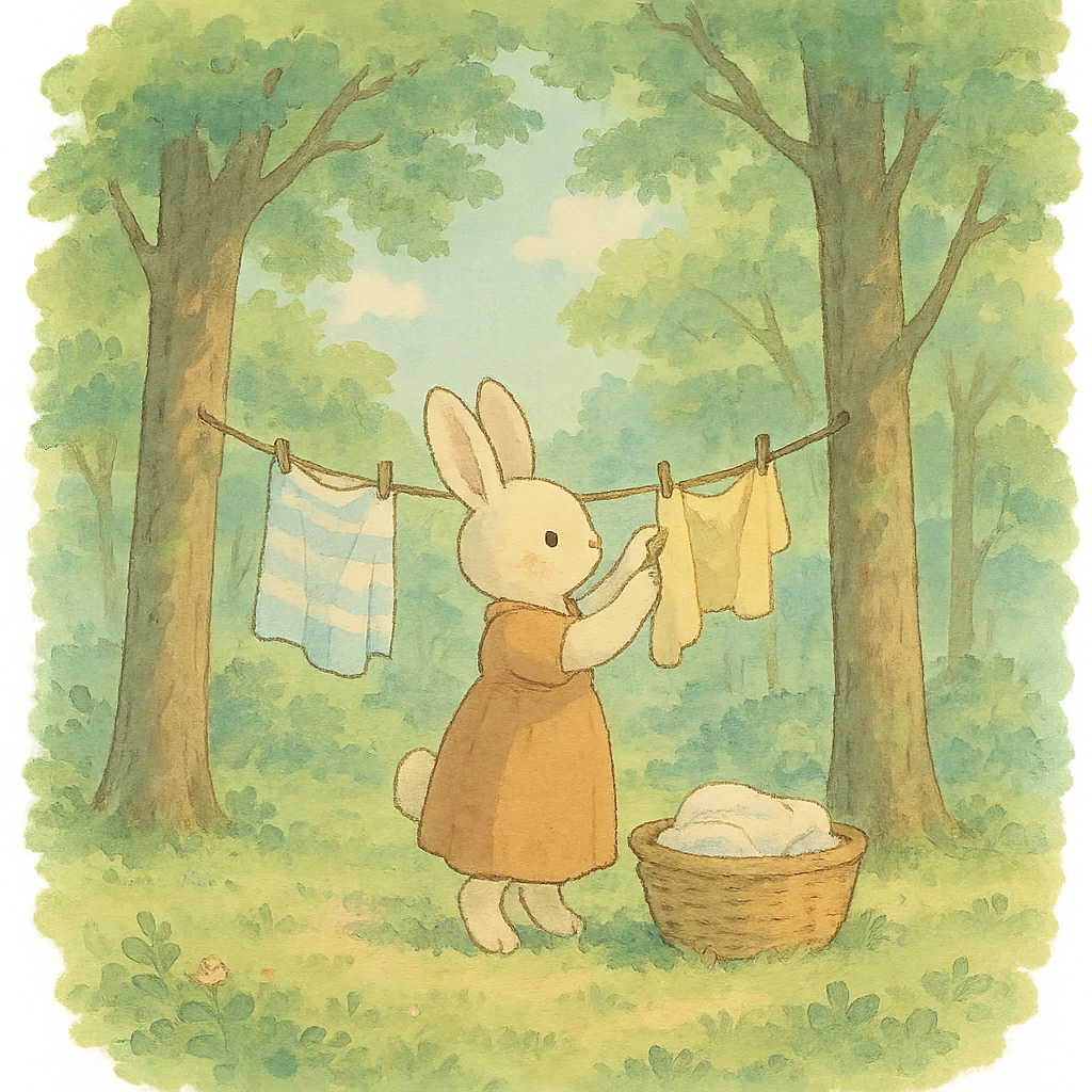 bunny hanging laundry between trees, calming domestic forest feel, soft pastel colors, ghibli style emoji
