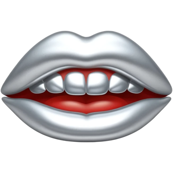 Chrome silver lips emoji, glossy metallic texture, iOS emoji style, smooth reflections, bold but minimal design, centered, silver mouth. all silver emoji