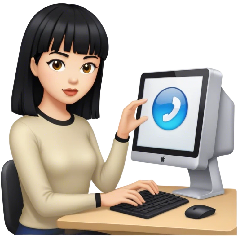 mujer pelinegra con flequillo manejando una computado emoji