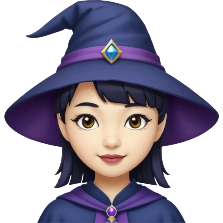an asian short haired girl with short raven hair with bangs, with her silver left eye and dark brown right eye, with cat-eyed eyeliner, and grinning with her tiny fang of mauve toned lipstick, with dark navy wizard hat with an emblem on her hat. emoji