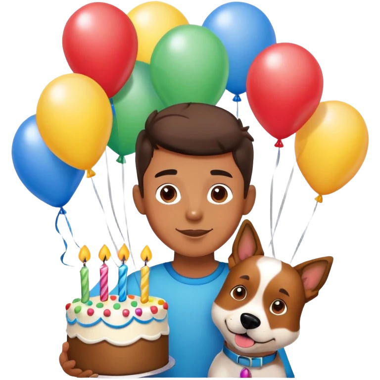 boy and his dog at party with balloons and cake emoji