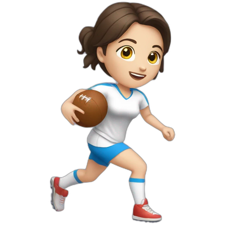 White skin brunette female playing football with very small ball of basket emoji