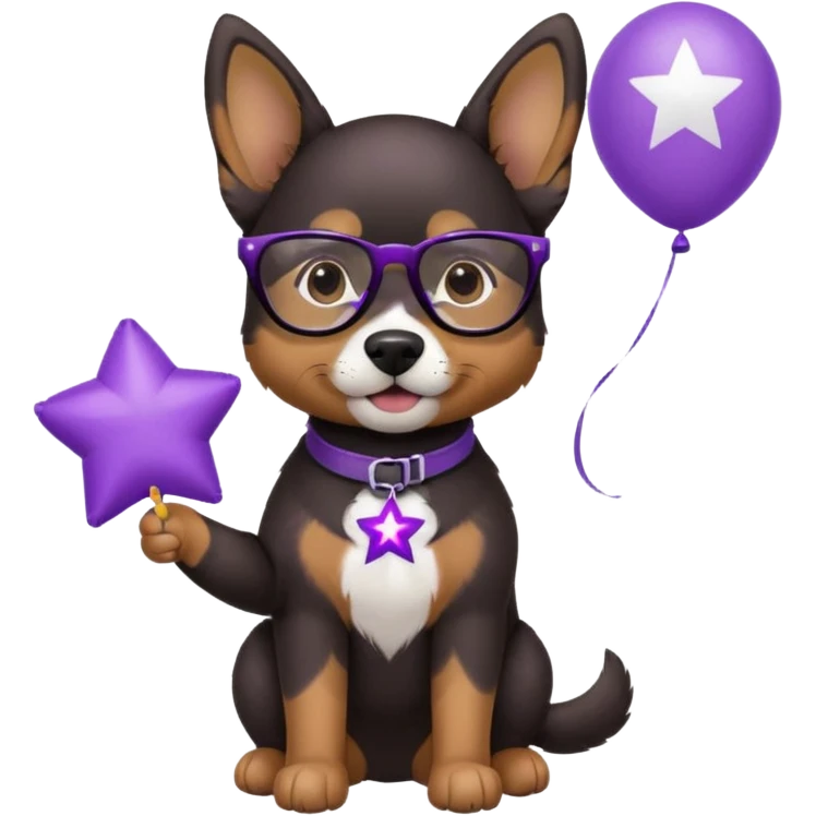 dog holding purple star balloon in hand with black glasses emoji