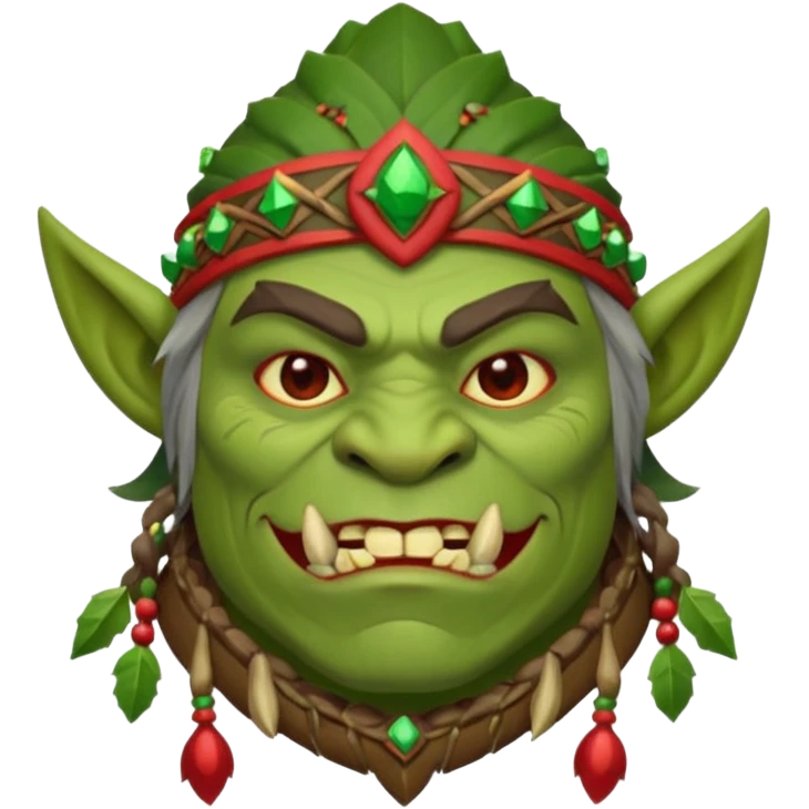 Christmas fantasy orc icon, winter feast chief theme, tribal ornaments, joyful brutal expression, festive winter atmosphere, stylized emoji portrait, male/female variant
 emoji