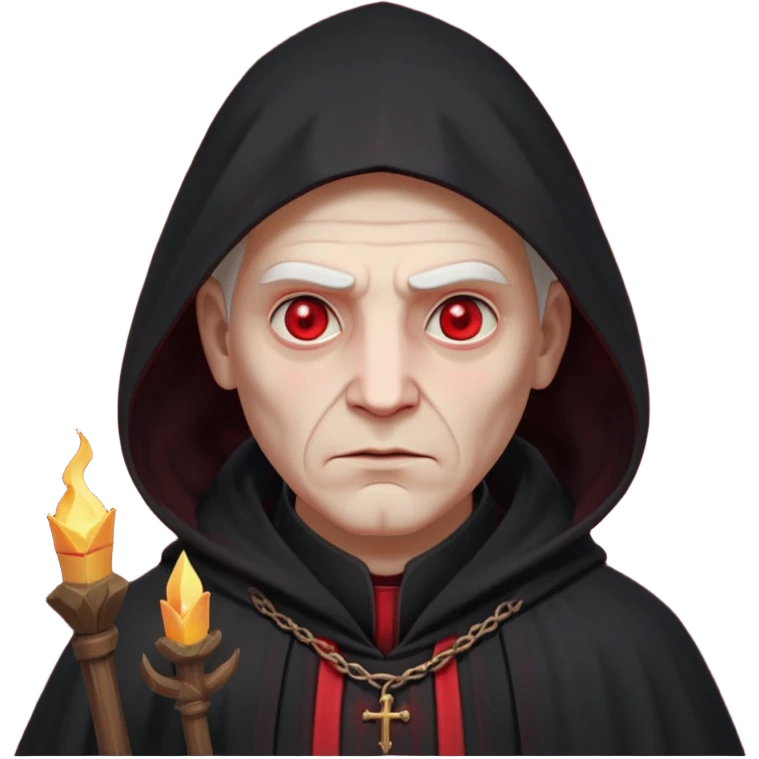 cursed village priest portrait, head and shoulders only, dark hooded robe, mysterious expression, subtle red accents, eerie glow, gothic village atmosphere, 3D cartoon, mobile game icon style, clean background, no text, no watermark

 emoji