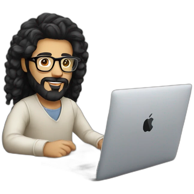 Designer with black hair, beard and glasses working with MacBook and drinking cappuccino  emoji