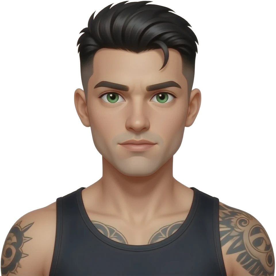 jeune gars mystérieux dark, cheveux noir de jais low taper fade, yeux verts, musclé, tatoué, fossette, peau très blanche blanche blanche très pâle emoji