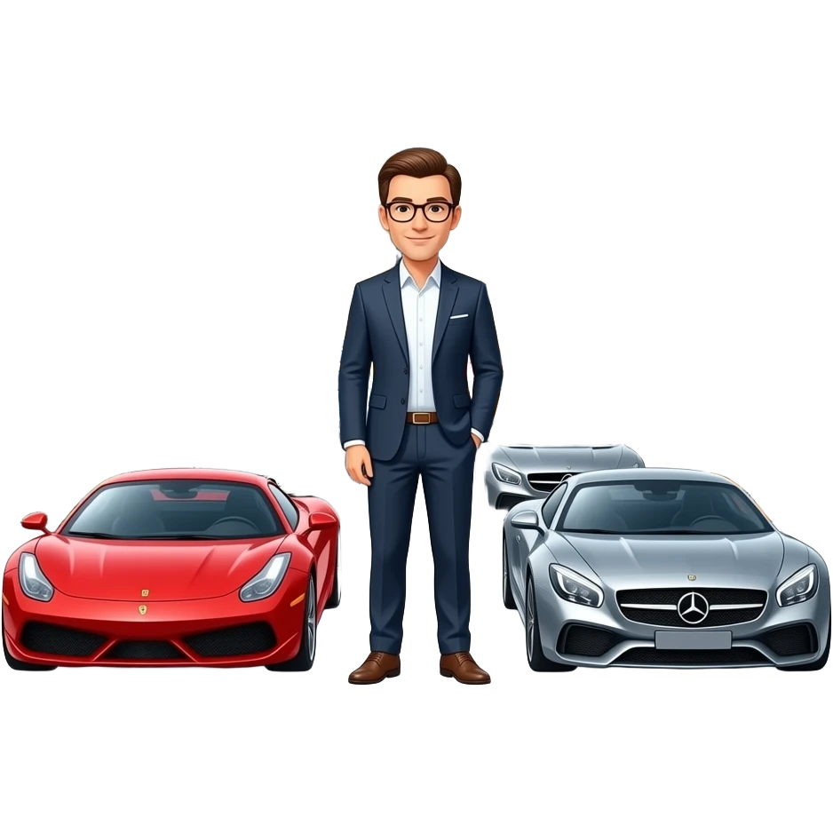 A Man Wearing Glasses With a Ferrari And Mercedes And Lamborghini With A Biggest Housek Like Building And 1000+ Cars There emoji