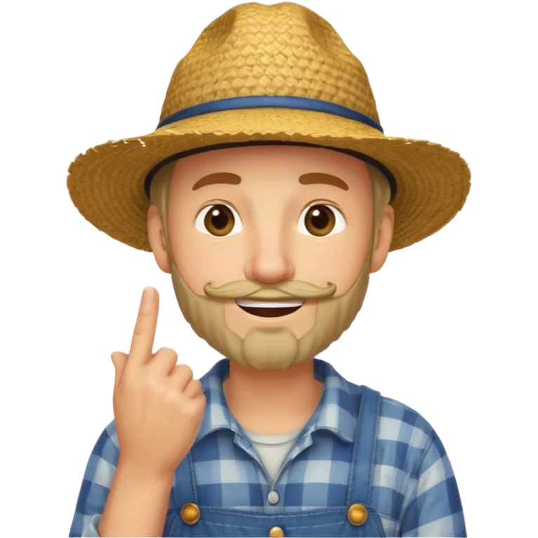“A single emoji-style character combining 👨‍🌾😄 and 🤔: a smiling farmer man with a straw hat, friendly face, and light beard, holding one hand under his chin in a thinking gesture. His index finger rests under his face, eyes looking slightly upward as if thinking.  emoji