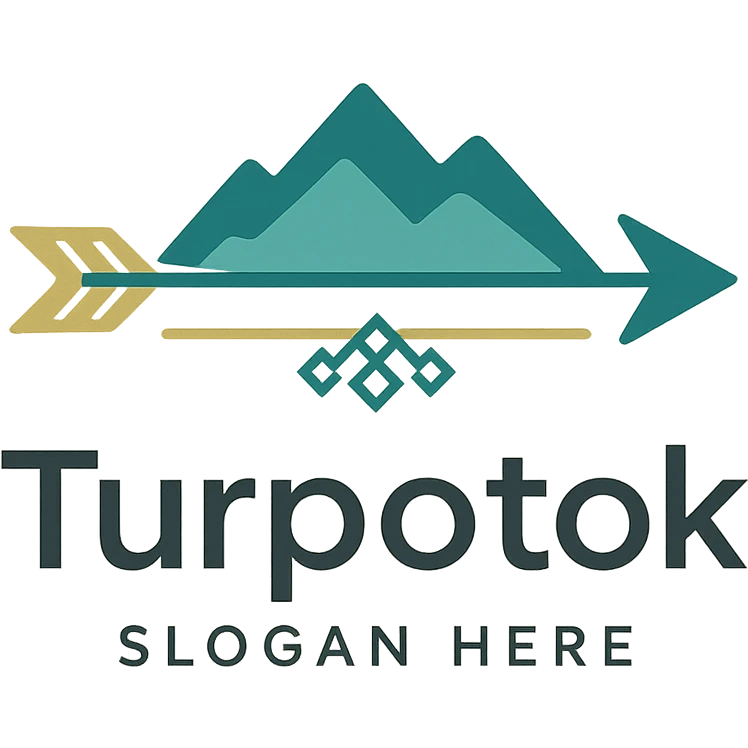 Modern minimalist logo for Turpotok with a stylized Kurai arrow, Ural Mountains silhouette, and subtle Bashkir ornamentation. Text 'Turpotok' in a modern sans-serif font with optional slogan. Color palette reflecting Bashkir culture and natural beauty emoji