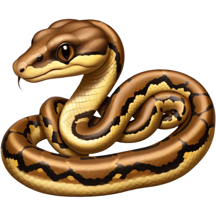 A photo-realistic headshot of a Ball Python with a rounded snout, soft contours, and a calm, curious look. Its warm brown head features bold dark markings, including the signature “alien-head” pattern. emoji