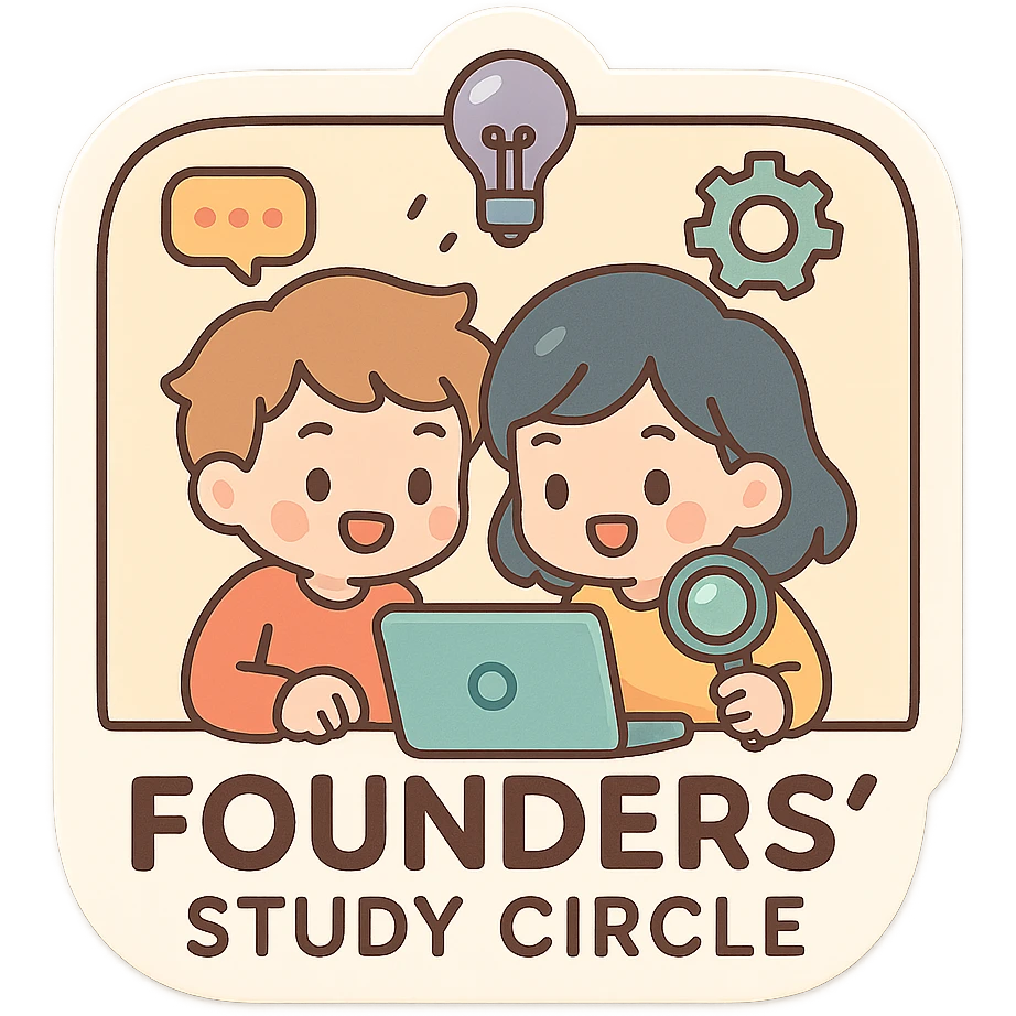 playful colorful square logo for founders' study circle, evoking collaboration, technology, and research, no text, engaging and friendly emoji