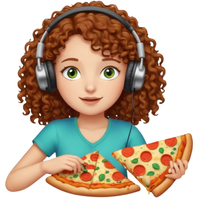 Brown curly hair girl blue green eyes painting sleeping eating dancing listening to misic emoji