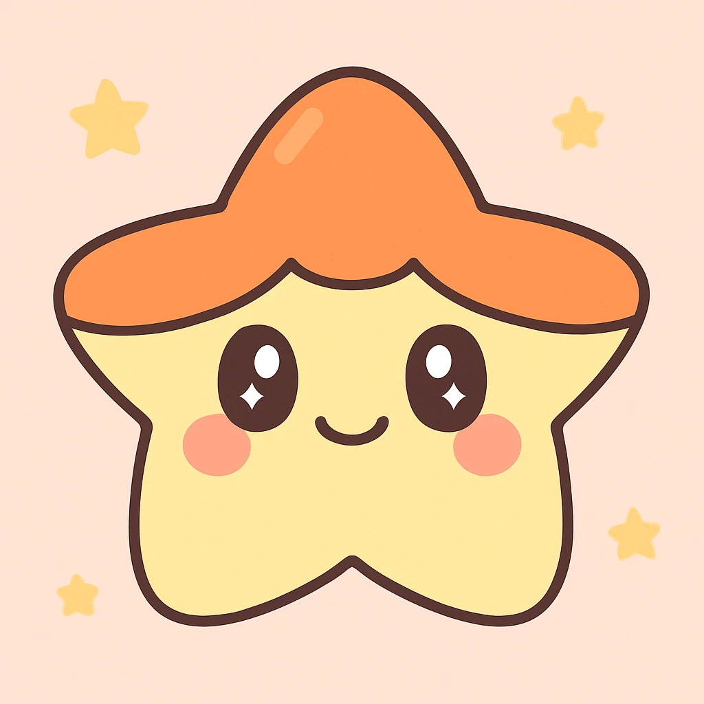 yellow star with an orange head and cute eyes, kawaii style, blushing cheeks emoji