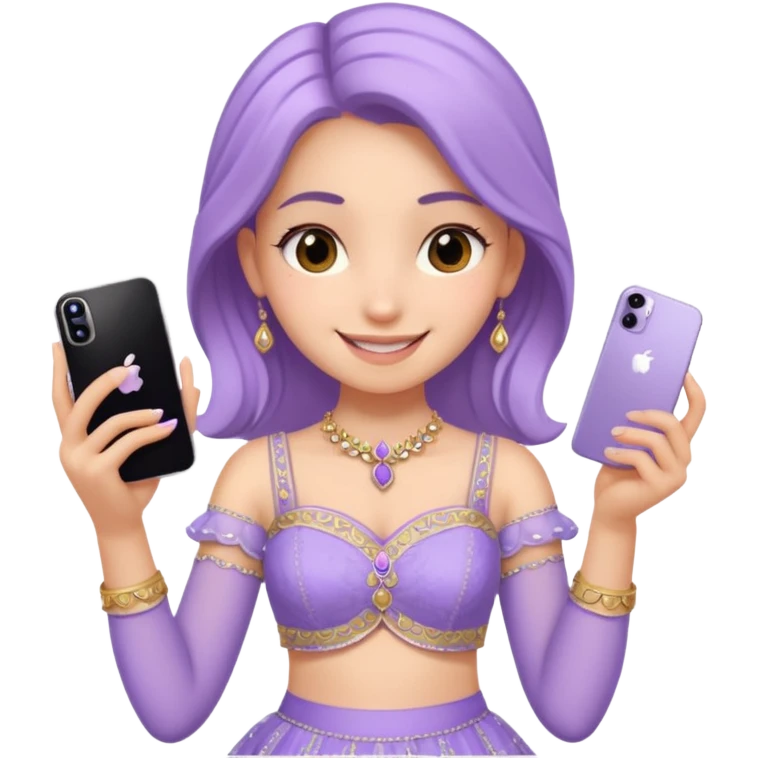 Make a girl standing in mirror in lavender lengha holding a iphone 16 pro max emoji