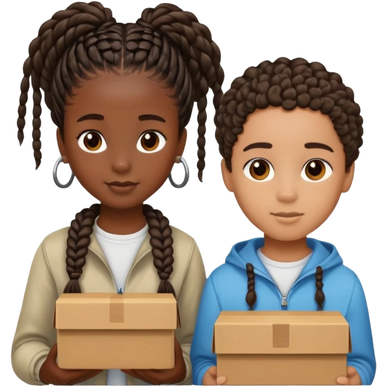 Realistic black girl with box braids and light skin boy with short curly hair emoji