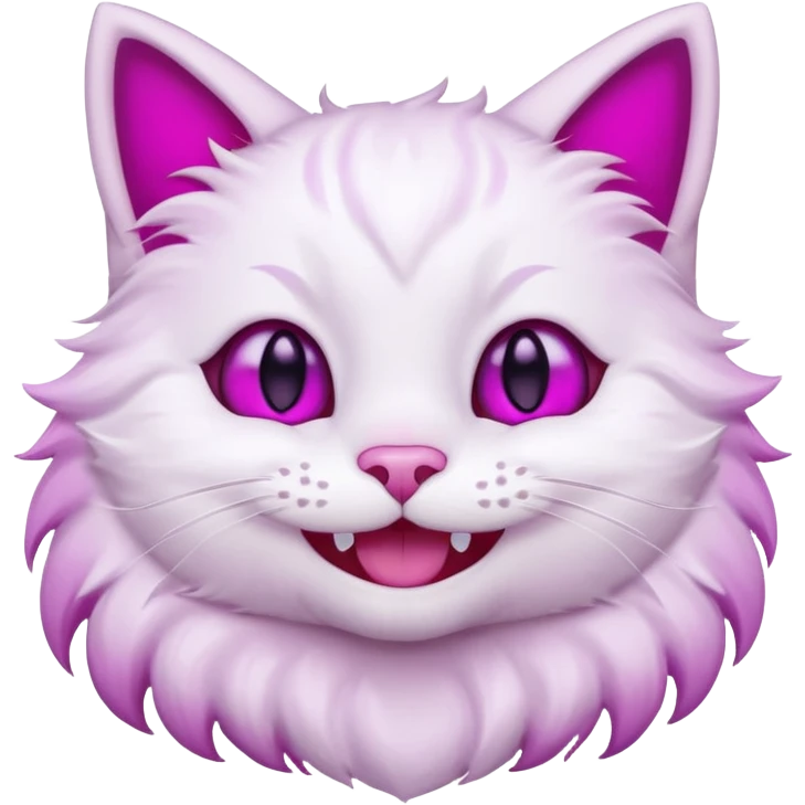 White cat smiling with teeth showing, pink inner ears, magenta purple eyes, looks like discord's Smiling Cat emoji emoji