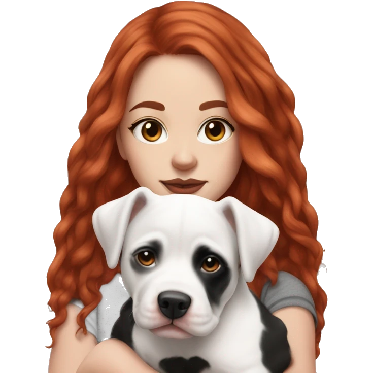 Long Red haired woman in beanie with septum piercing holding black and white English Staffordshire puppy emoji