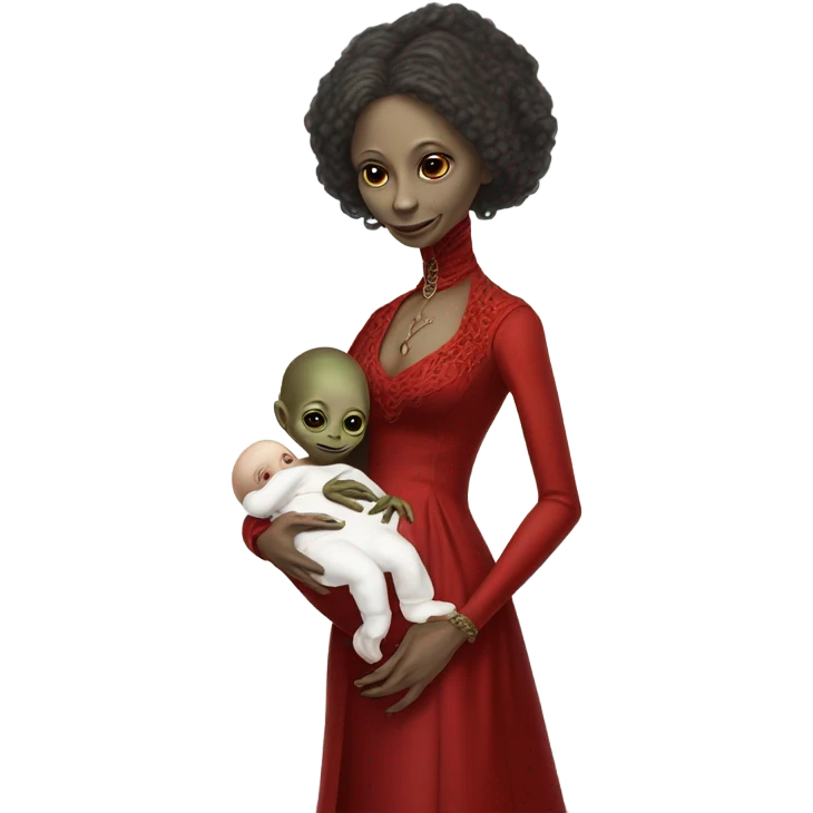  Reptilian alien woman , full body, in victorian red elegant dress , holds a newborn white humman baby emoji